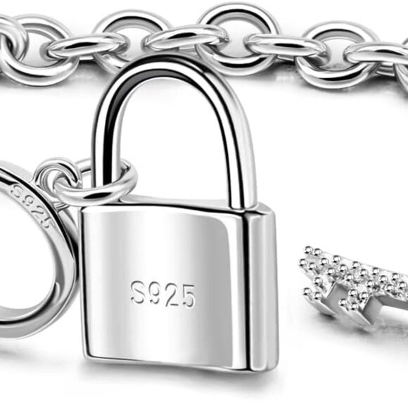 Sterling Silver Lock Pendant Bracelet Rolo Chain Feminine Jewelry Gift - Picture 1 of 8